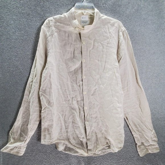 Zara Men Button Up Shirt 2XL Beige 100% Linen Mandarin Collar Long‎ Sleeve - Picture 1 of 10